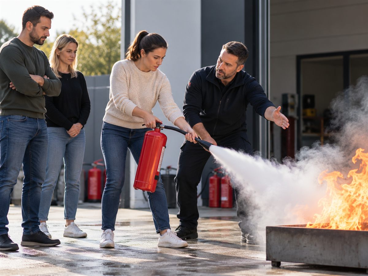 Exercice de manipulation d'extincteur sur feu réel, encadré par un formateur