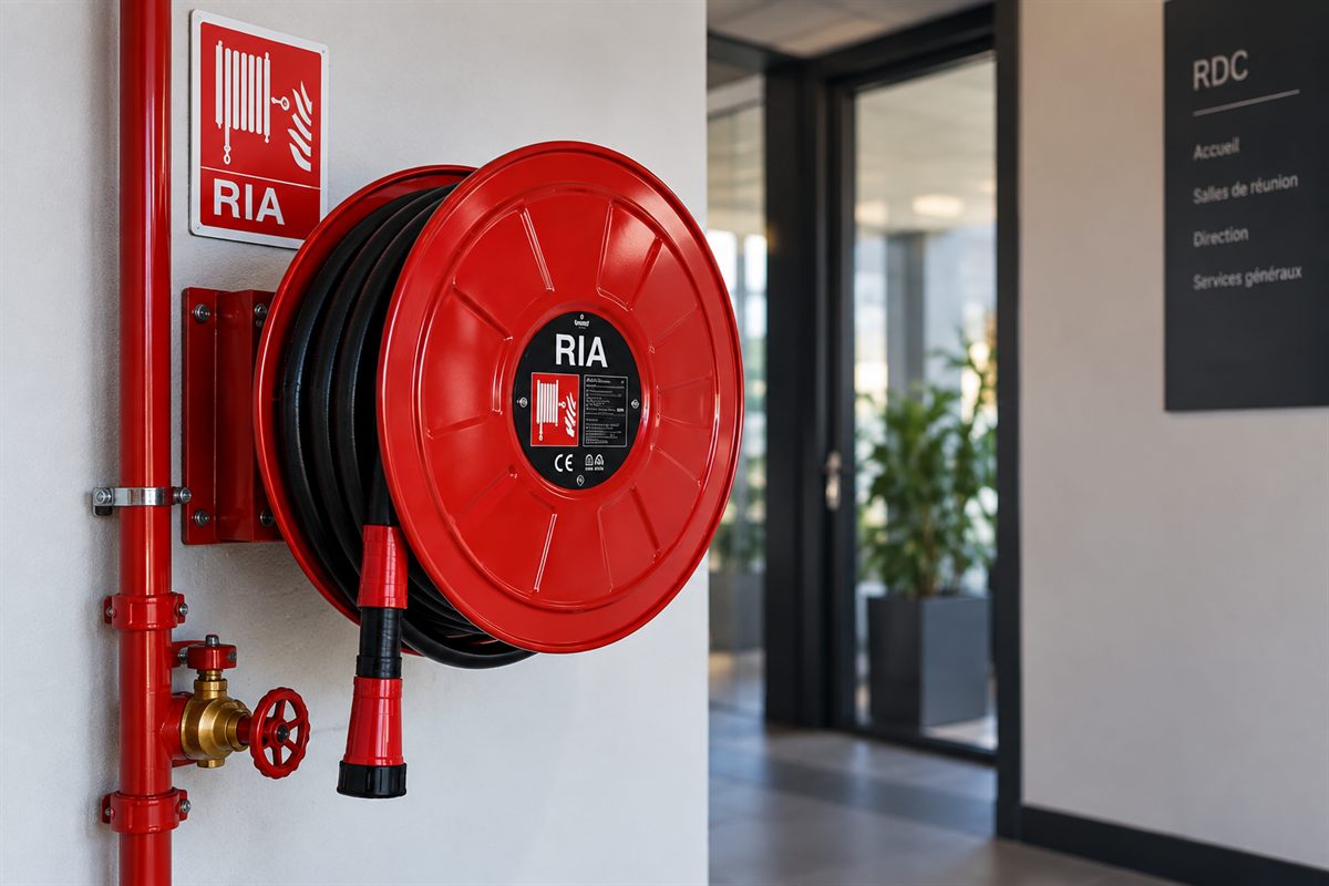 Robinet d'incendie armé et son panneau de signalisation, dans le hall d'un bâtiment